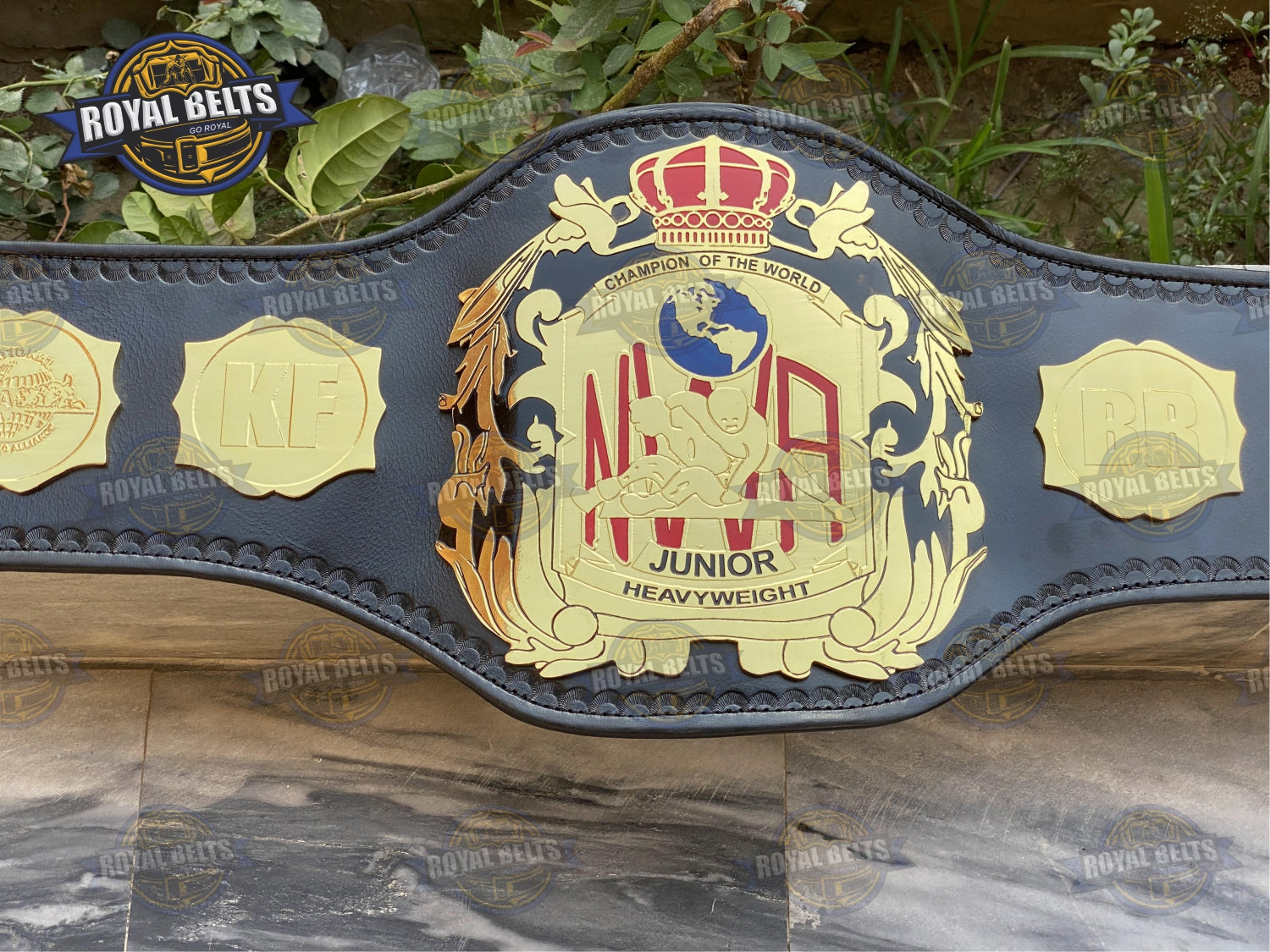 NWA Junior Heavyweight Belt HD CNC engraved center, compact design, black leather strap, gold plated plates Made by Royal Belts