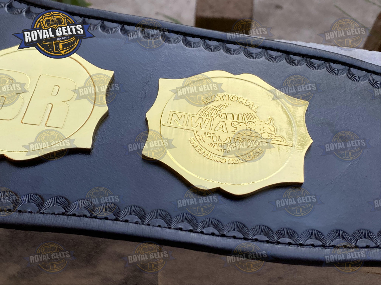 NWA Junior Wrestling Champion Belt layered relief center, mirror polished gold, snap closures