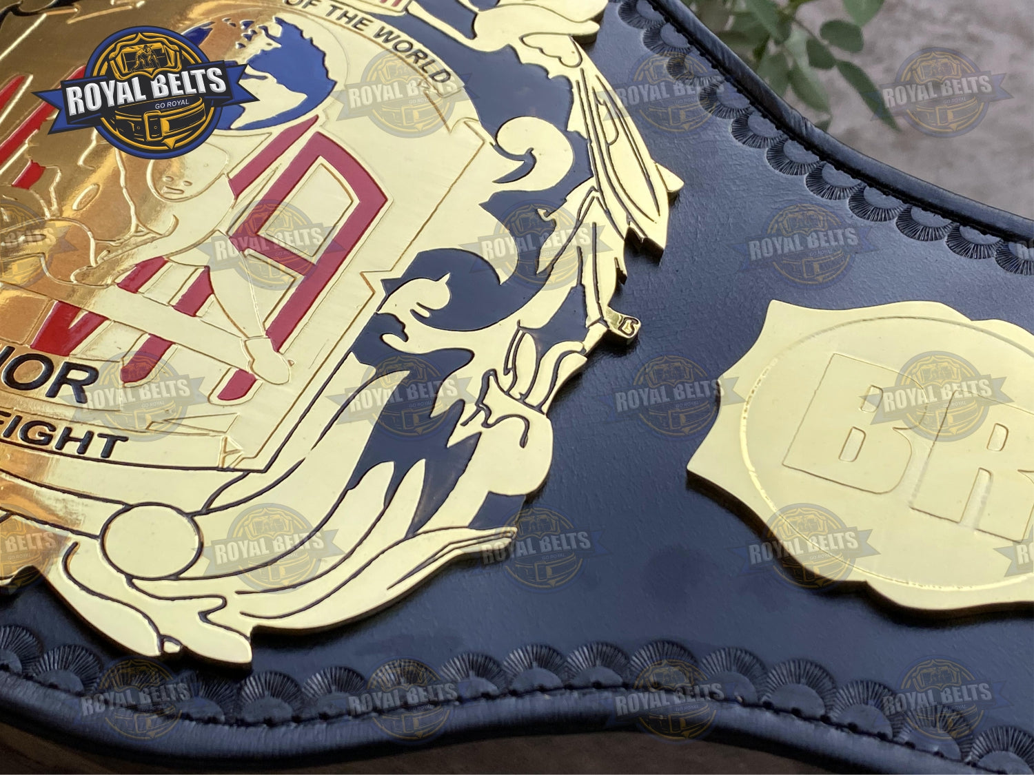 NWA Junior Heavyweight Title Belt raised emblem, beveled borders, stitched black leather