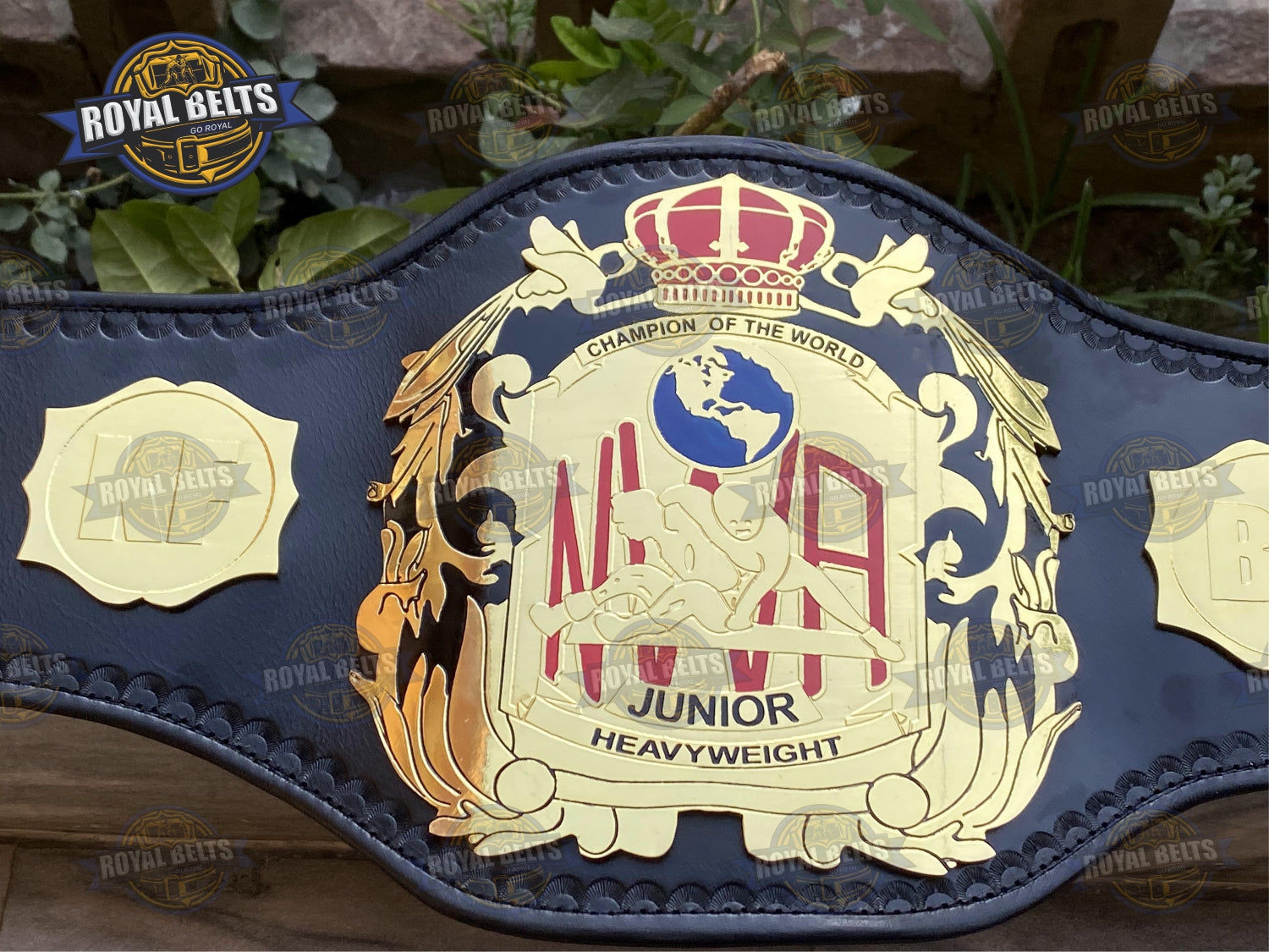 NWA Junior Heavyweight Title Belt CNC etched borders, mirror polished center, adjustable leather strap Made by Royal Belts