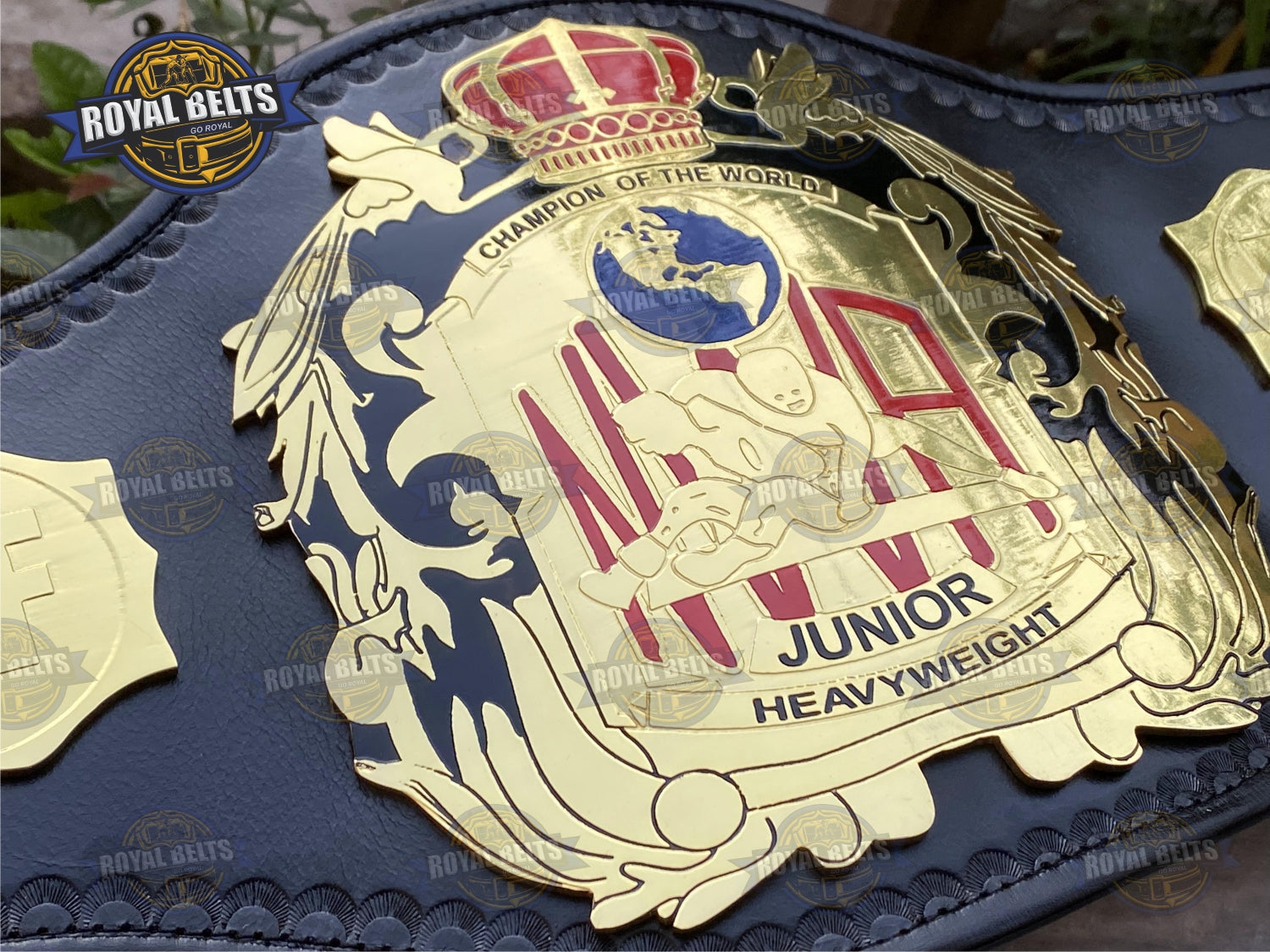 NWA Junior Heavyweight Championship Belt raised globe, smooth gold finish, reinforced leather strap
