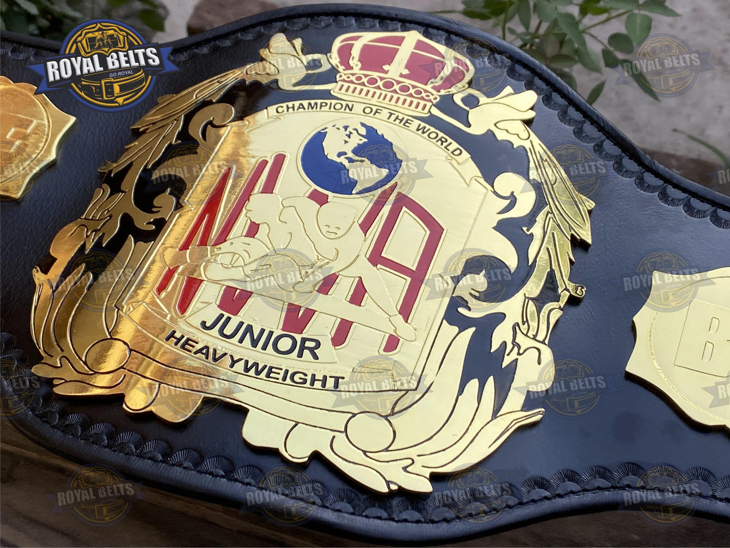 NWA Junior Wrestling Champion Belt HD CNC etched side plates, polished gold, stitched leather backing