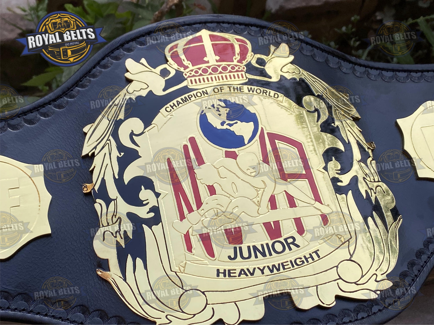 NWA Junior Championship Belt raised emblem artwork, beveled edges, mirror polished center Made by Royal Belts