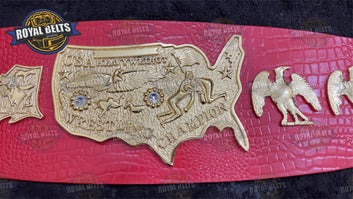 NWA Mid-Atlantic Heavyweight Wrestling Championship title belt in a dye case by Royal Belts, showcasing intricate design details.