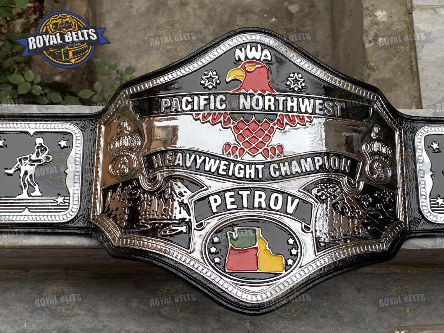 NWA Pacific Northwest Heavyweight Belt HD CNC engraved center, classic oval plates, black leather strap Crafted by Royal Belts