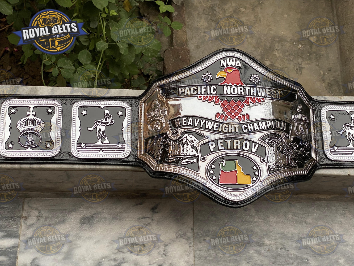 NWA Pacific Northwest Championship Belt raised regional emblem, polished chrome finish, stitched leather Crafted by Royal Belts