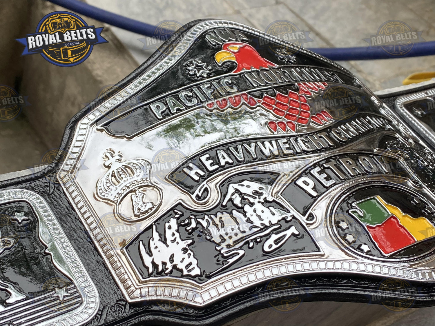 NWA Pacific Northwest Title Belt embossed lettering, beveled metal edges, premium leather strap Crafted by Royal Belts