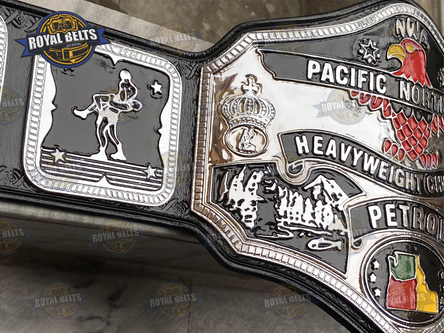 NWA PNW Heavyweight Championship Belt layered center plate, HD CNC detailing, reinforced stitching