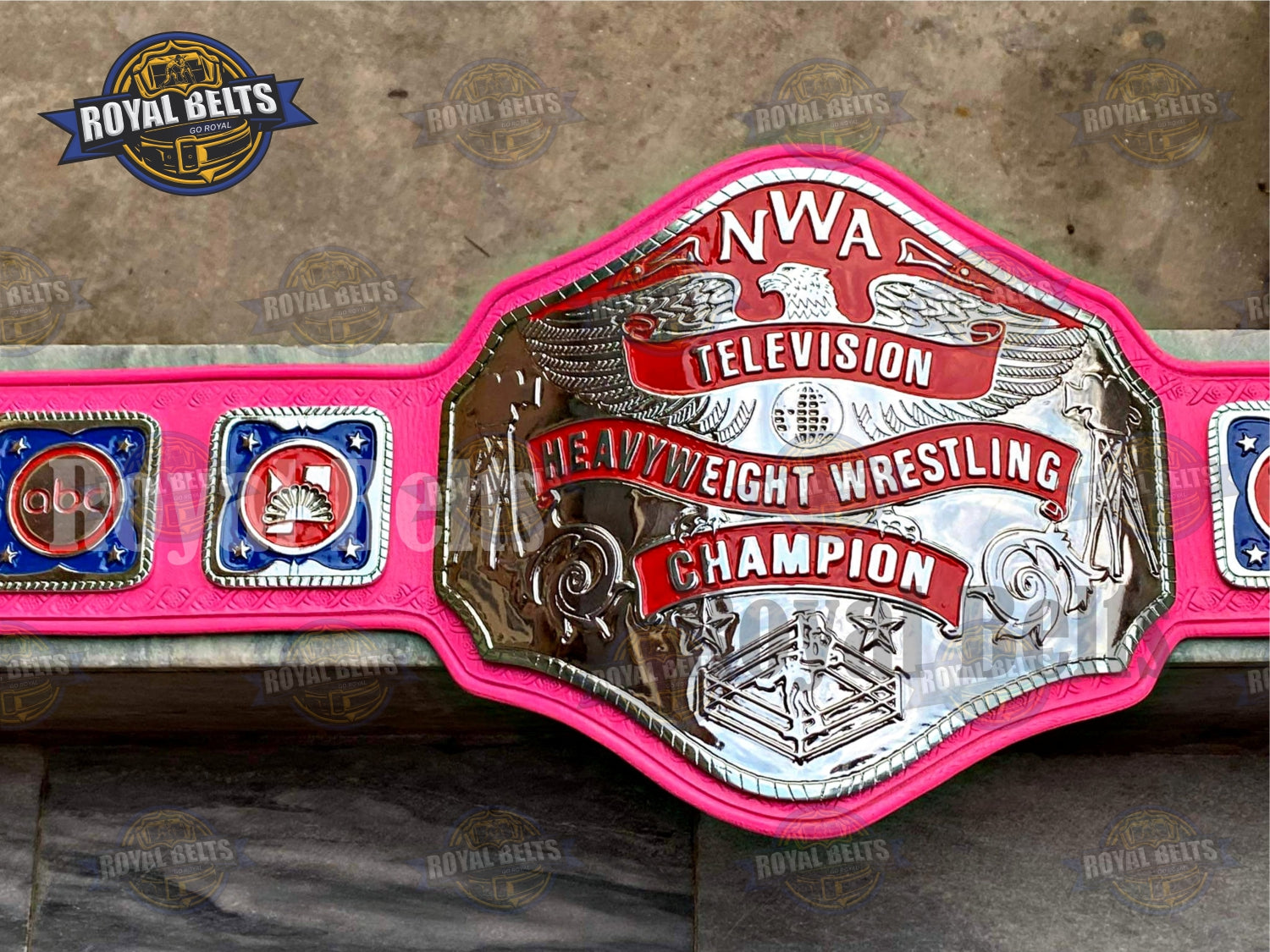 NWA TV Heavyweight Wrestling Championship Title Belt gold tone center plate, pink leather strap, snap closure Crafted by Royal Belts