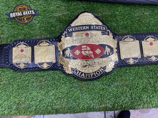 NWA Western States Championship Belt HD CNC engraved center, classic oval plates, black leather strap Made by Royal Belts