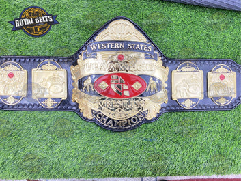 NWA Western States Title Belt raised state seal artwork, polished gold finish, stitched leather Made by Royal Belts