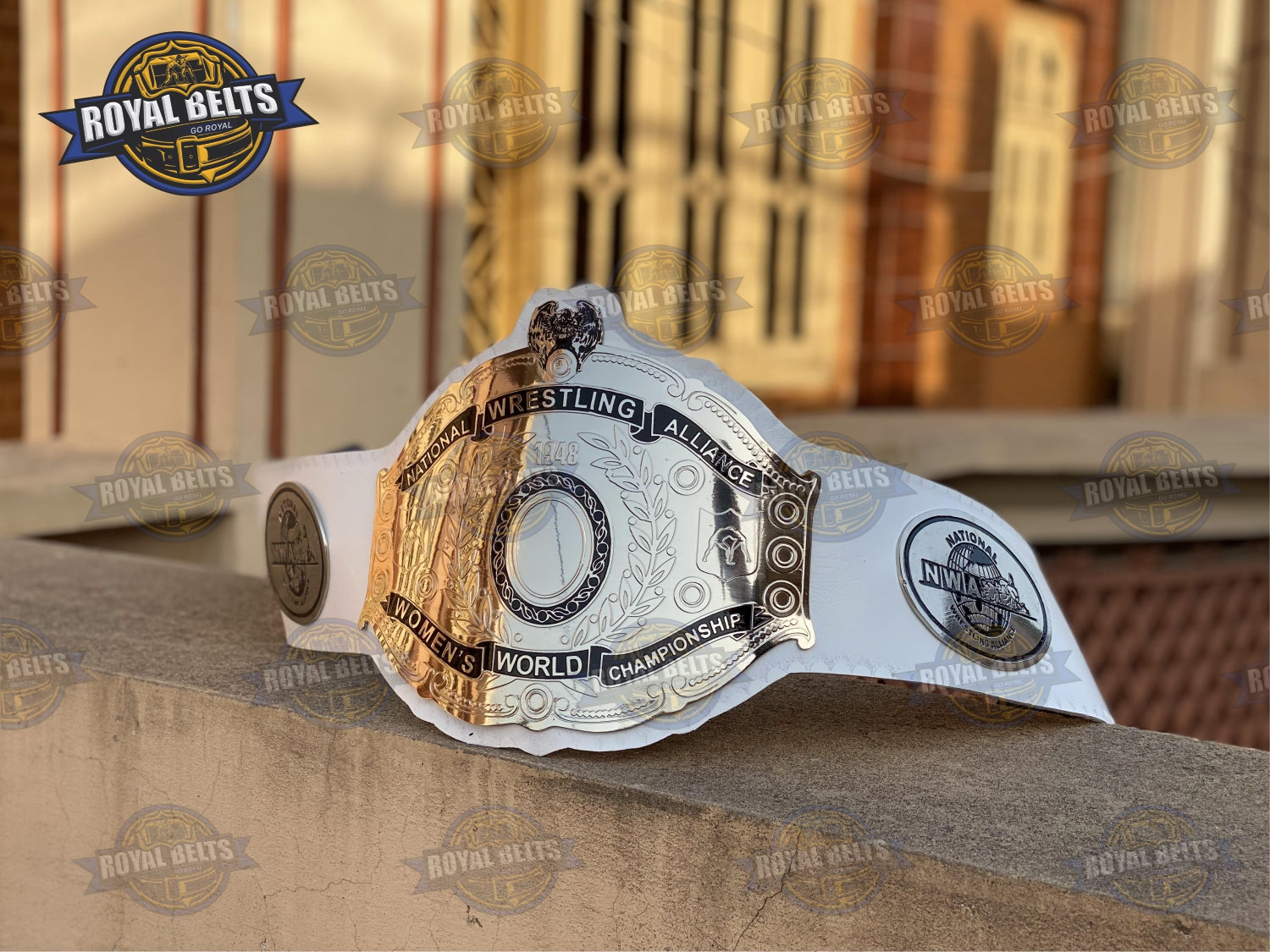 NWA Women’s Wrestling Title Belt featuring polished brass plates, detailed side plates, snap closure Made by Royal Belts