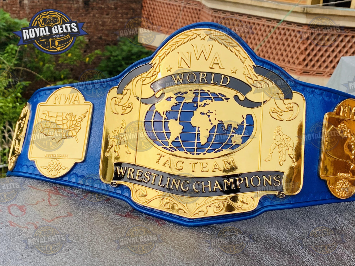 NWA World Tag Team Championship Title Belt HD CNC engraved dual plates, gold finish, blue leather strap Manufacture by Royal Belts