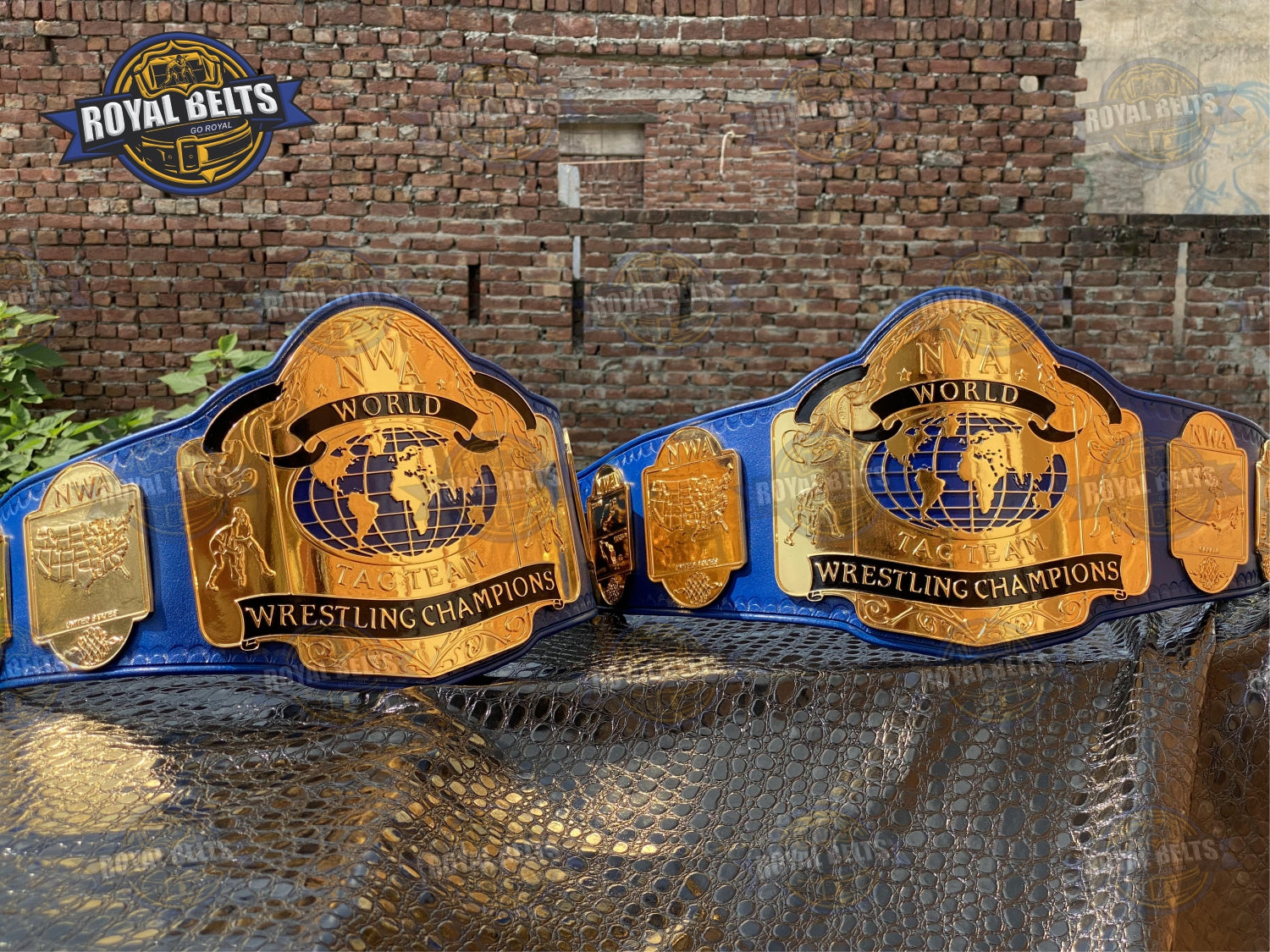 NWA World Tag Team Title Belt HD CNC beveled metal edges and stitched blue leather