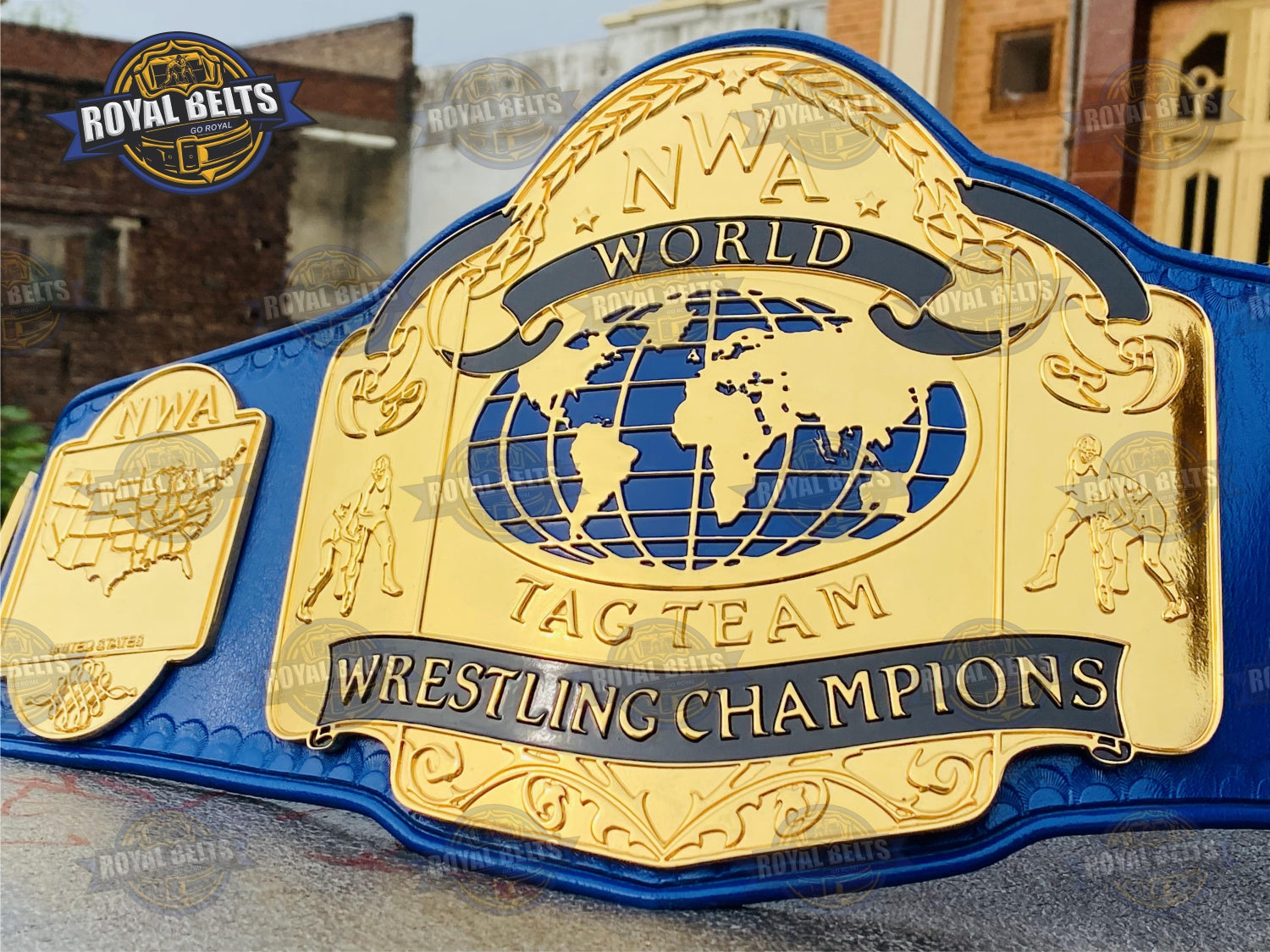 NWA World Tag Team Wrestling Belt HD CNC precision cut metal plates with beveled edges Manufacture by Royal Belts