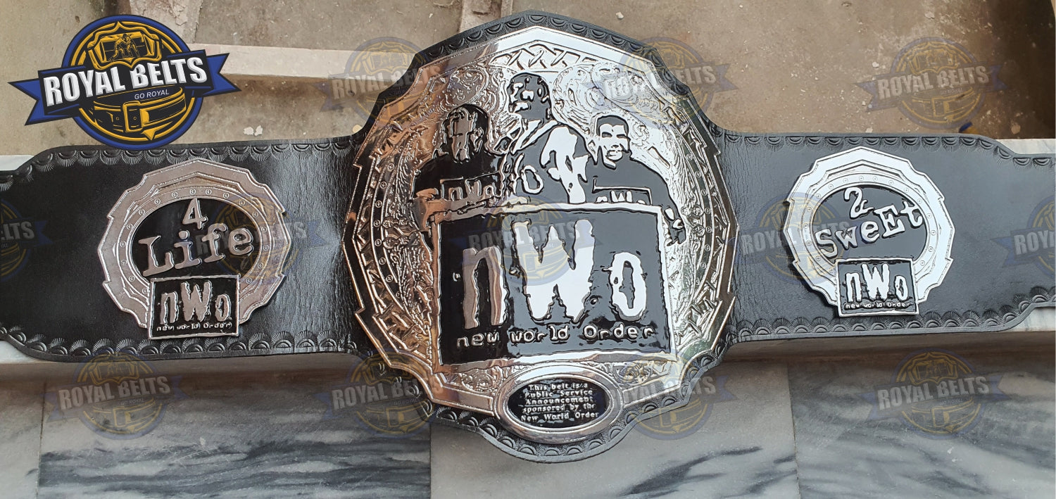 NWO World Order Zinc Championship Belt with zinc center plate, raised logo, black leather strap, detailed side plates Crafted by Royal Belts