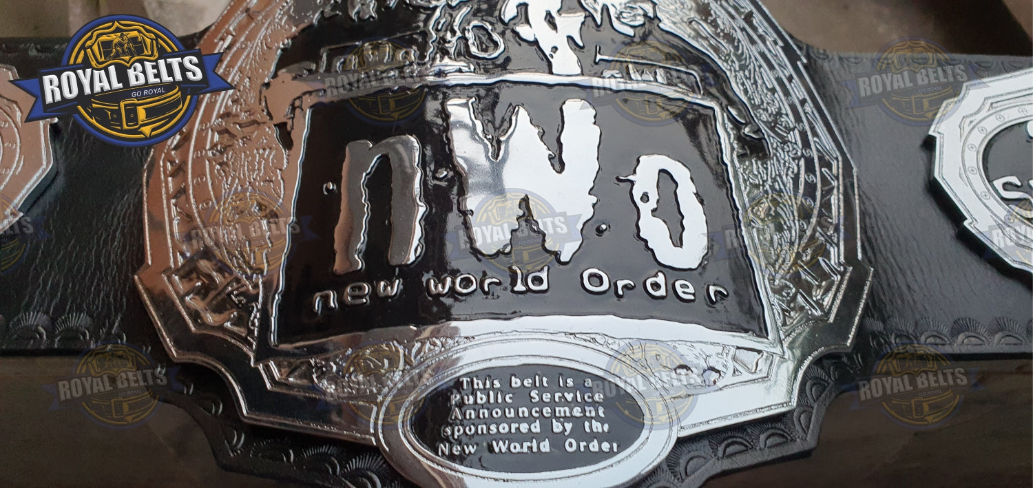 NWO Zinc Title Belt featuring etched metal plates, high relief NWO logo, snap closure Crafted by Royal Belts
