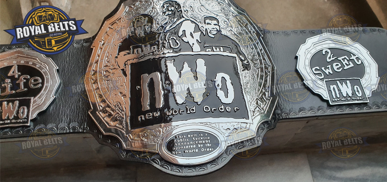 NWO World Order Championship Belt with polished zinc metal plates, adjustable black leather backing Crafted by Royal Belts