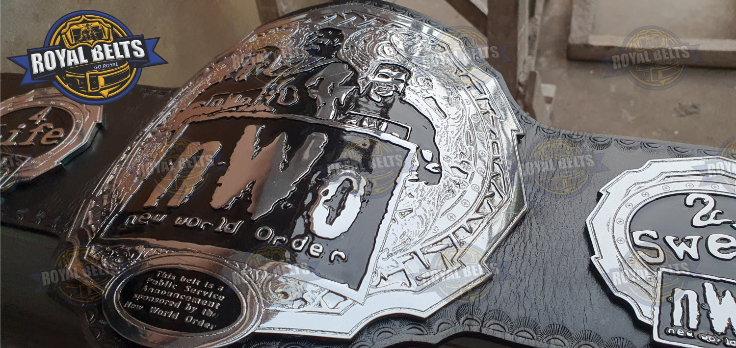 NWO Zinc Championship Belt featuring etched high detail metal plates, smooth black leather strap