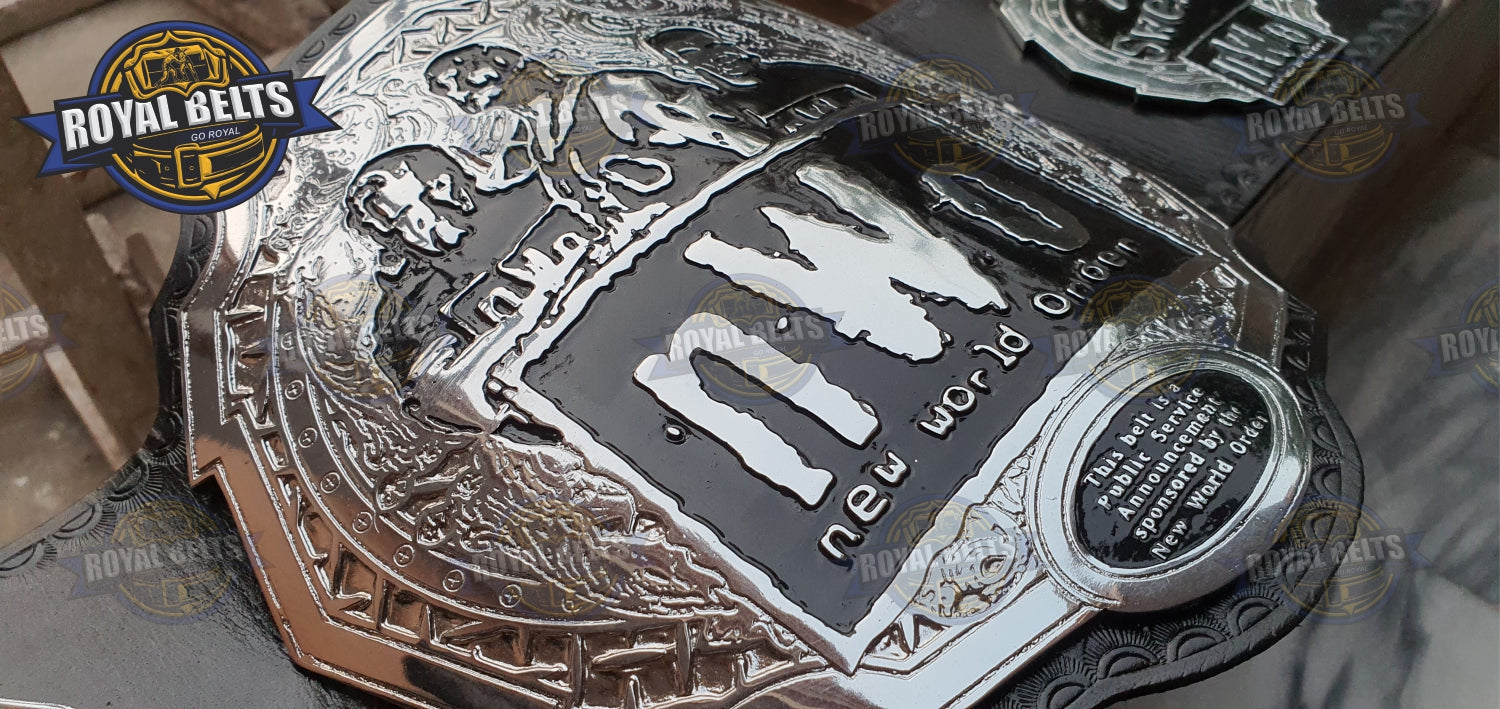NWO World Order Championship Belt with high relief zinc metal, black leather strap, detailed borders