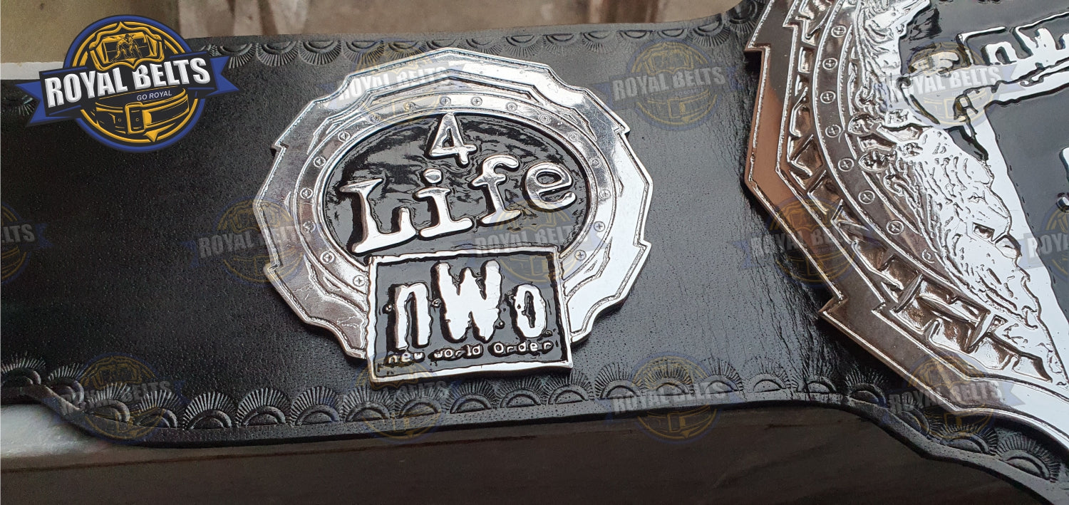 NWO World Order Title Belt with zinc center plate, polished metal finish, chrome side engravings