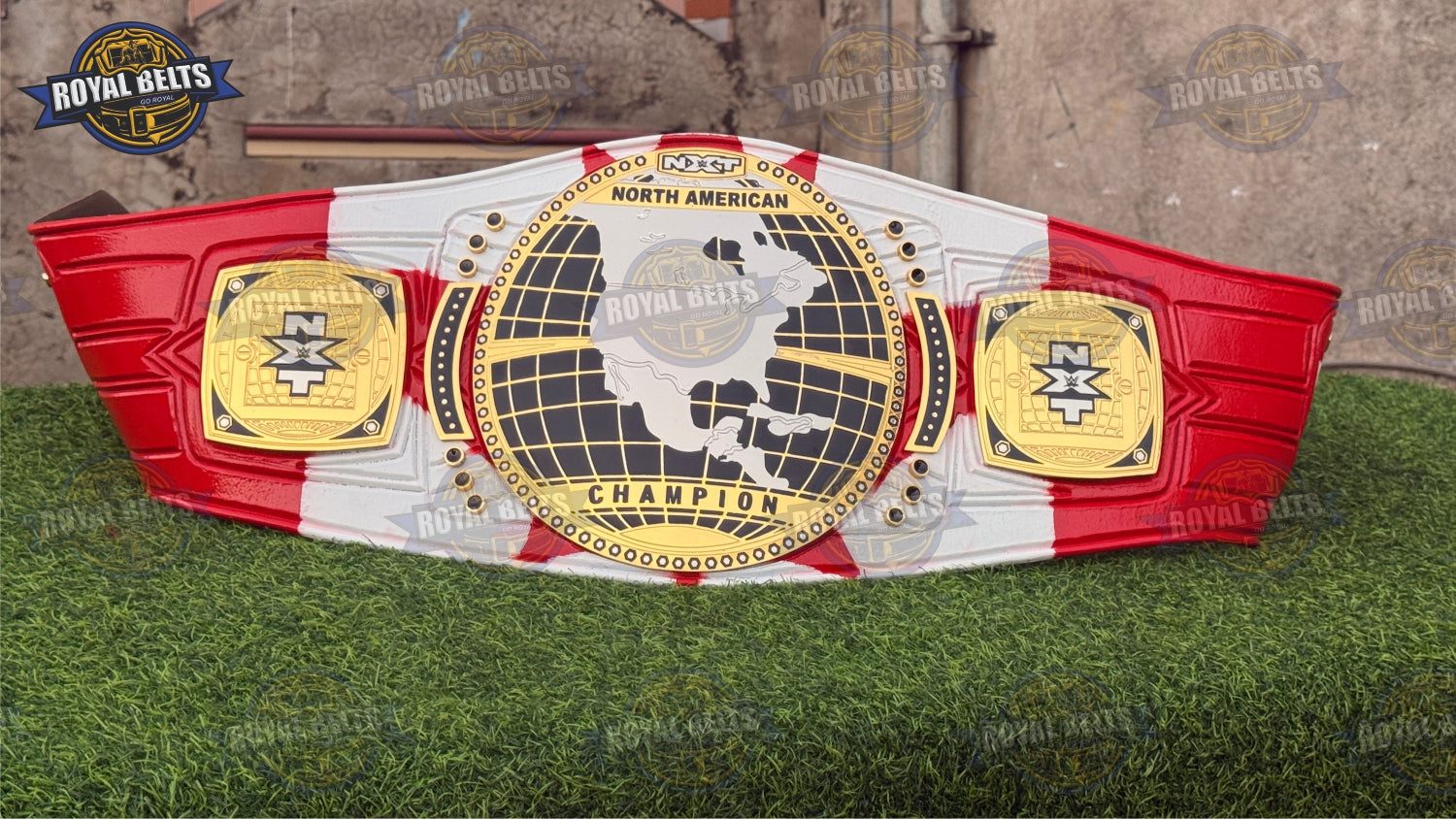 NXT North American Ethan Page Championship title belt with gold brass plates, multi color leather strap, snap closure Designed by Royal Belts