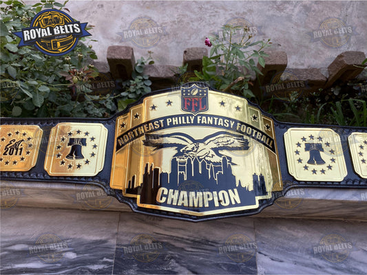 Northeast Philly Fantasy Football Belt, polished gold plates, embossed football logo, black leather strap Crafted by Royal Belts
