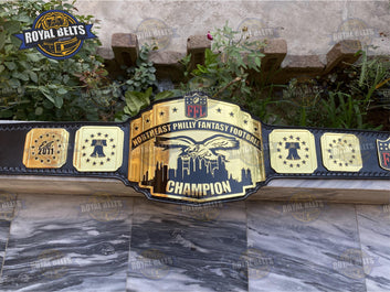 Philly Fantasy Football Champion Belt, mirror gold finish, raised city text, snap closure Crafted by Royal Belts
