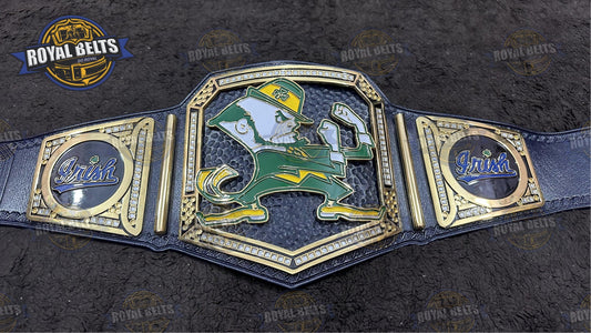 Notre Dame Fighting Irish Belt HD CNC engraved mascot center, polished gold plates, black leather strap Crafted by Royal Belts