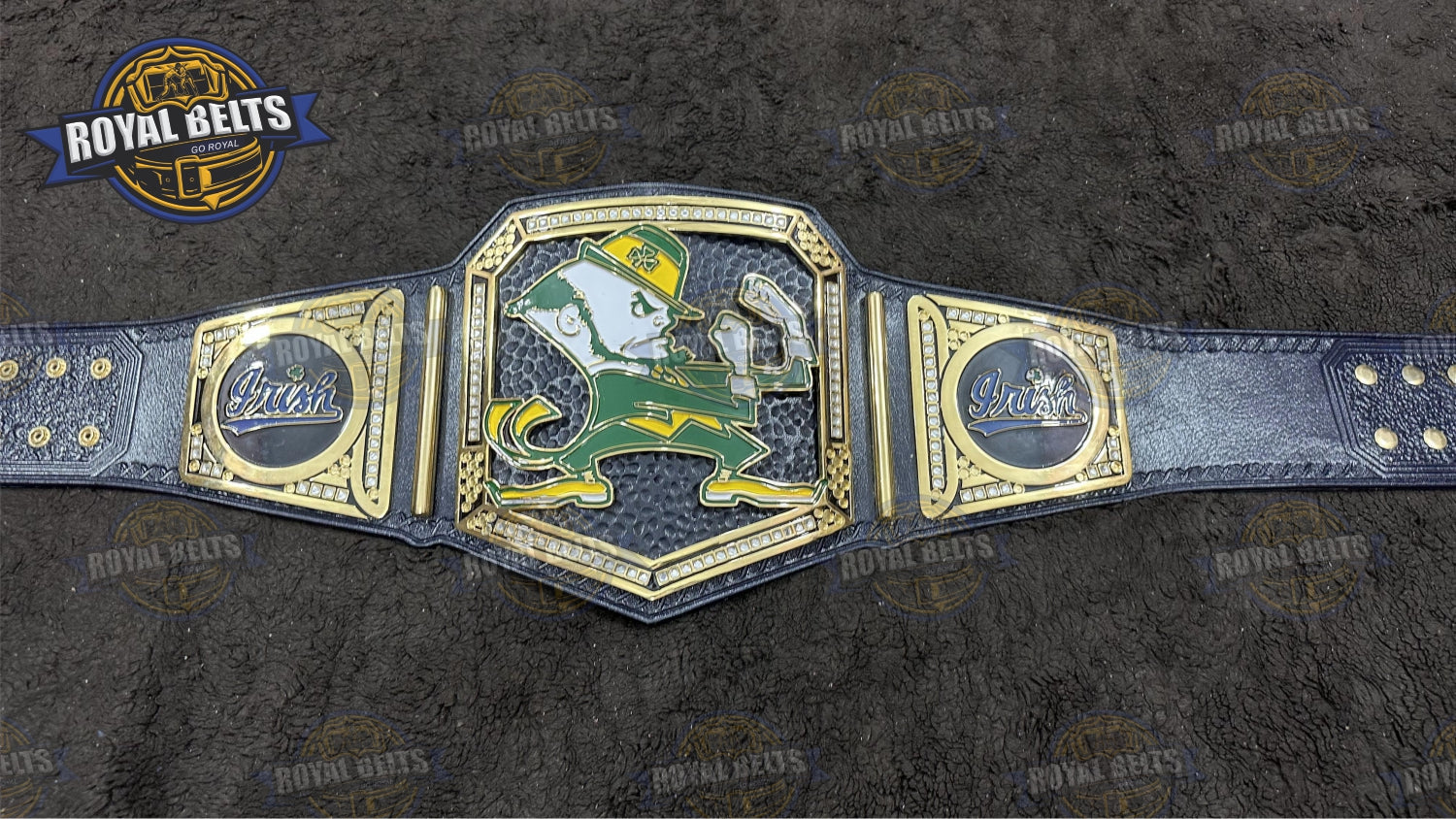 Fighting Irish Championship Belt raised mascot emblem, beveled edges, premium leather backing Crafted by Royal Belts