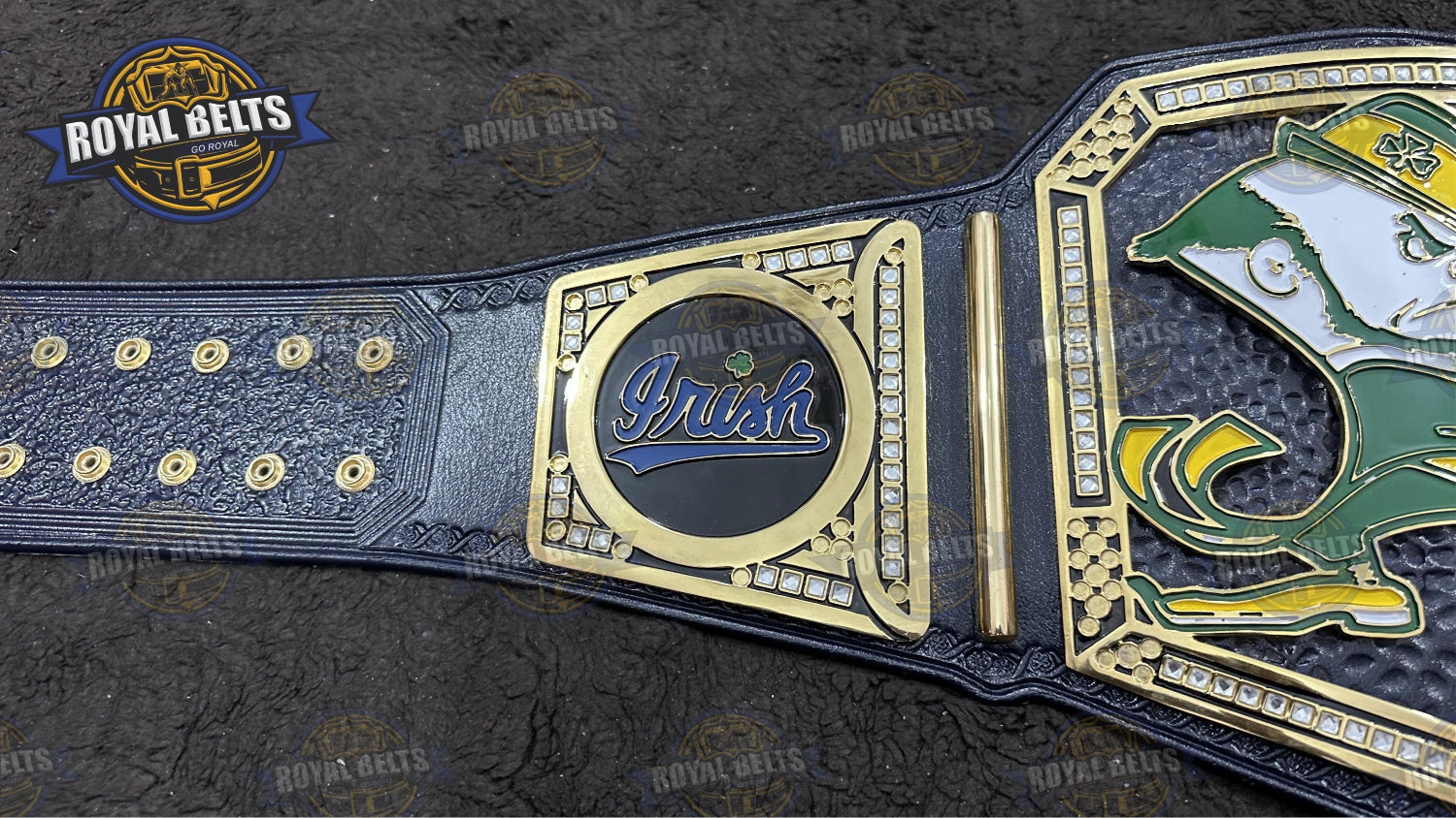 Fighting Irish Mascot Title Belt raised relief artwork, polished edges, snap fasteners