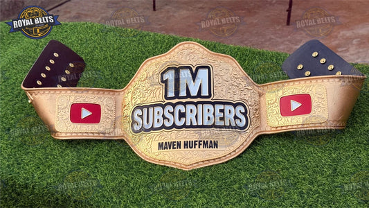 One Million Custom Wrestling Title Belt HD CNC with gold plated plates, gold leather strap, snap closure Crafted by Royal Belts