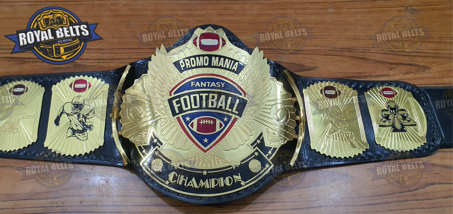 PROMO MANIA FFL Title Belt embossed letters, mirrored gold plated center, adjustable black leather strap Crafted by Royal Belts