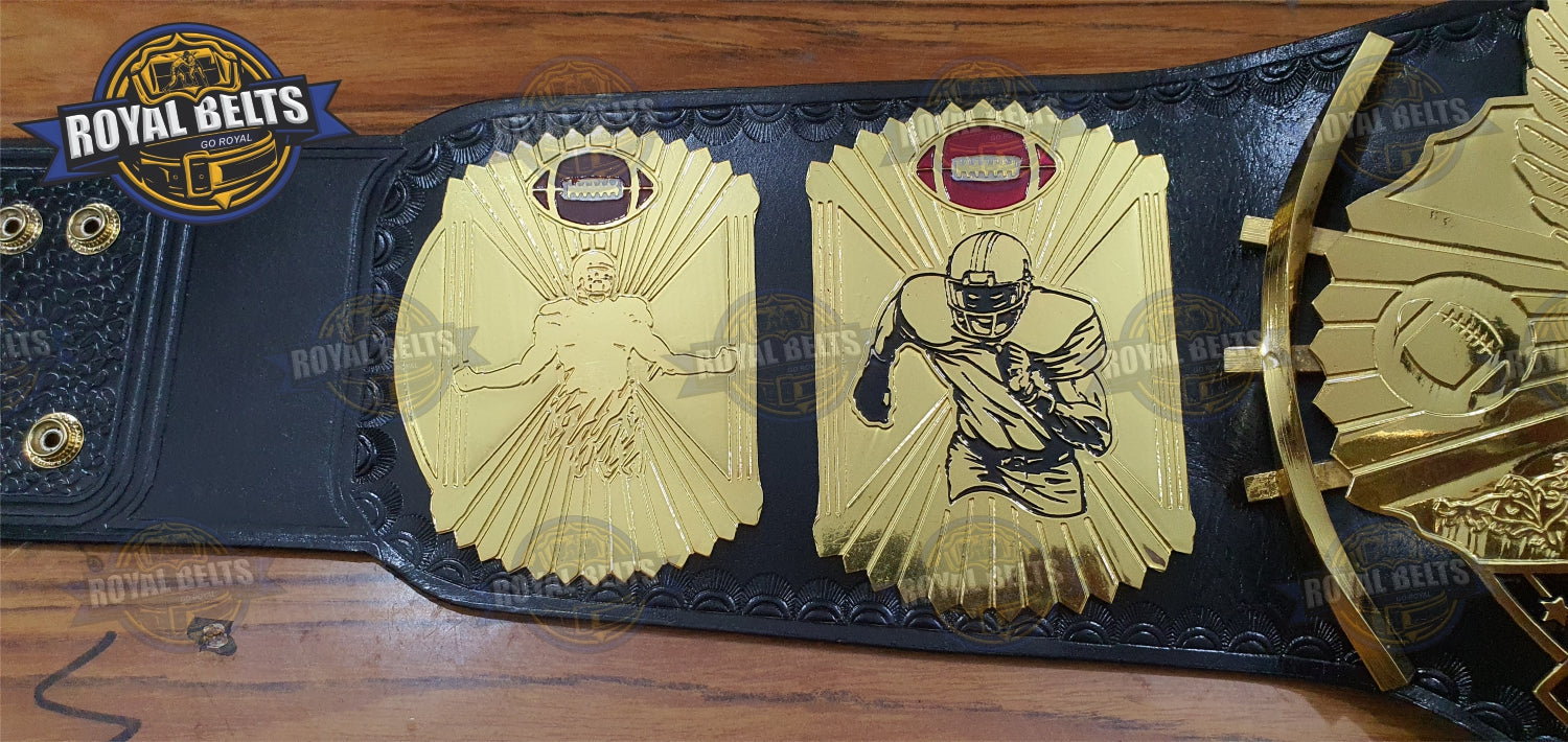 FFL Custom Football Title Belt mirror polished center, embossed letters, layered metal plates