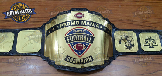 PROMO MANIA FFL Football Belt custom 3D center, stacked gold plates, cowhide black leather strap Crafted by Royal Belts