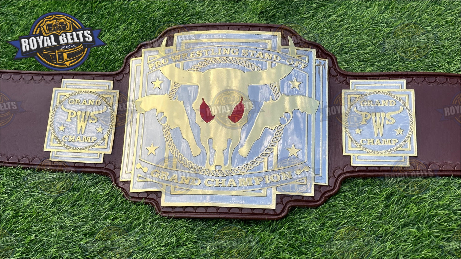 PWS Grand Champions Title Belt brass plated with stacked metal plates and custom wrestling design Designed by Royal Belts