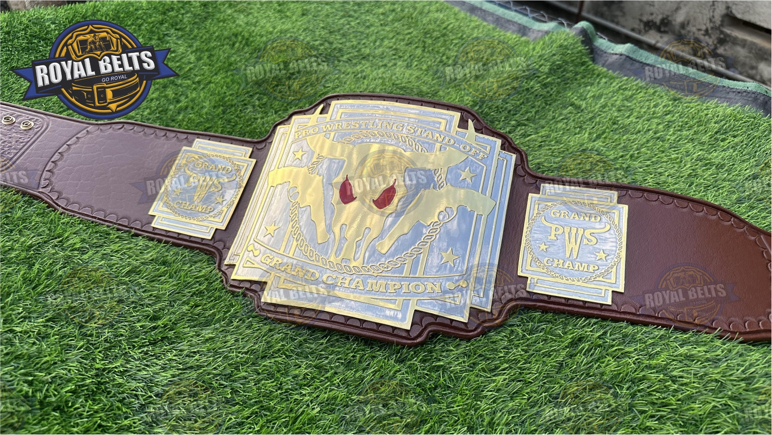 PWS Grand Champions Title Belt brass plated metal wrestling replica
