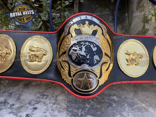 PWF World Tag Team Championship Title Belt with engraved center plate, dual tag logos, black leather strap Crafted by Royal Belts