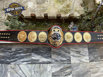 Pacific Wrestling Federation Tag Team Belt featuring large metal center plate, polished finish, snap closure Crafted by Royal Belts
