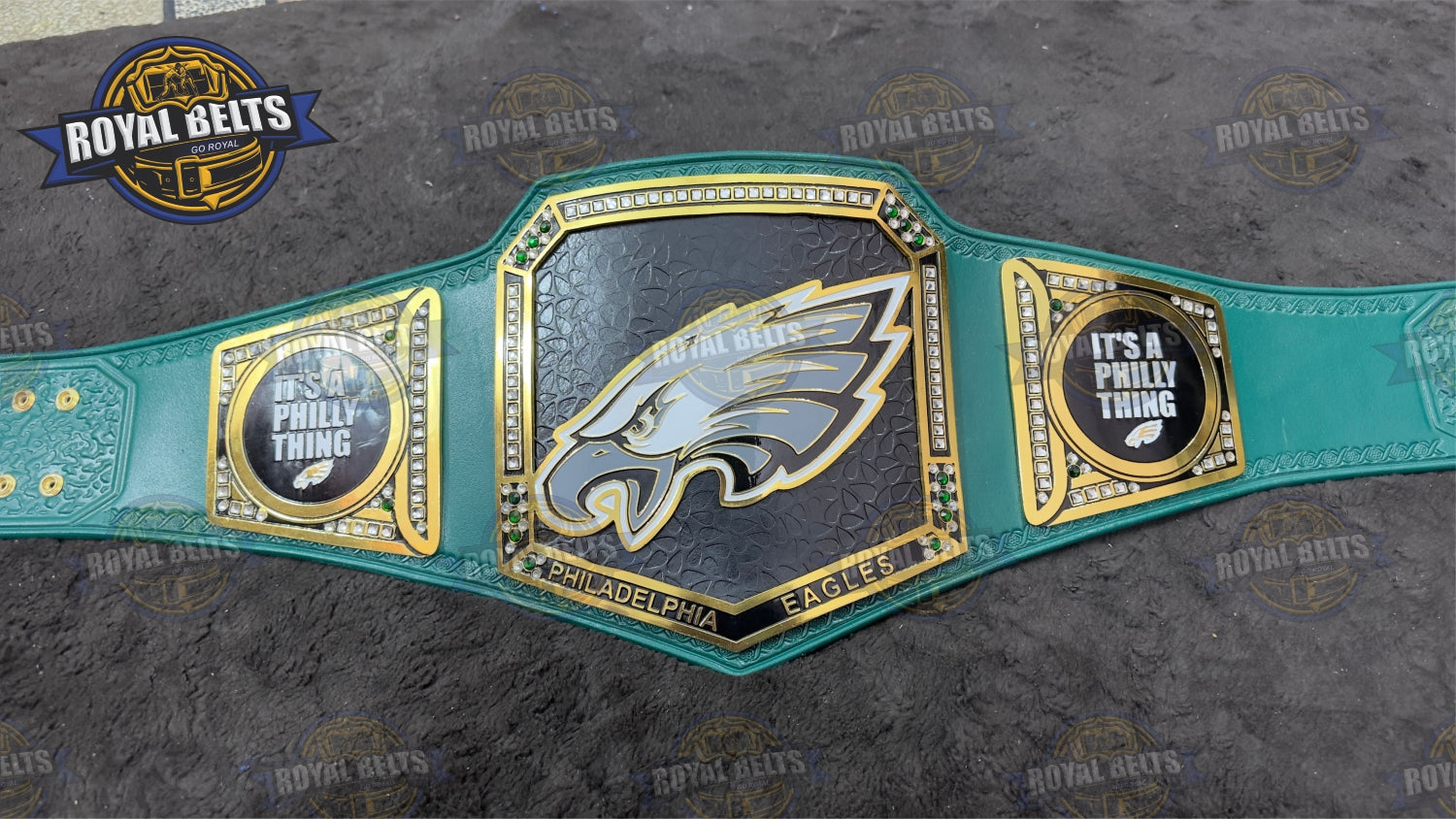 Philadelphia Eagles NFL Super Bowl Title Belt with engraved center plate, adjustable sea green leather strap Made by Royal Belts