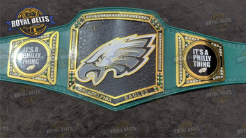Philadelphia Eagles Super Bowl Championship Belt featuring polished metal plates, snap fit closure Made by Royal Belts