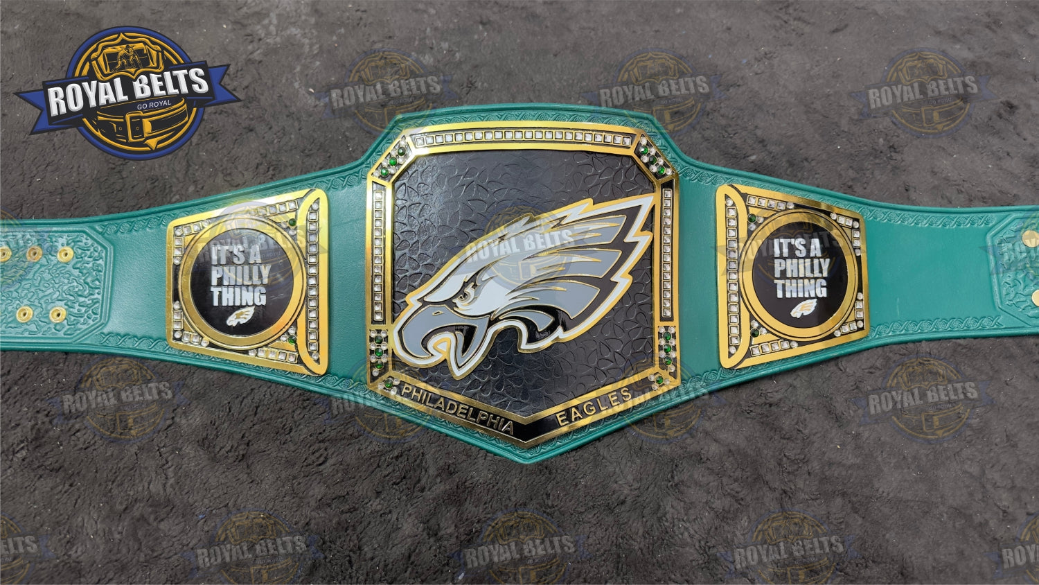 Philadelphia Eagles NFL Title Belt with raised logo center plate, durable leather style backing Made by Royal Belts