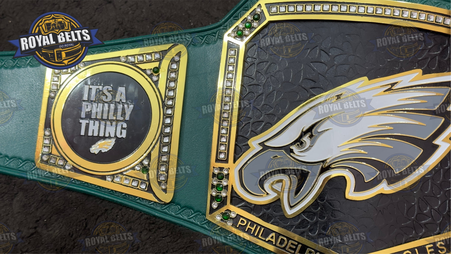 Philadelphia Eagles Super Bowl Belt showcasing detailed etched plates, adjustable waist snaps