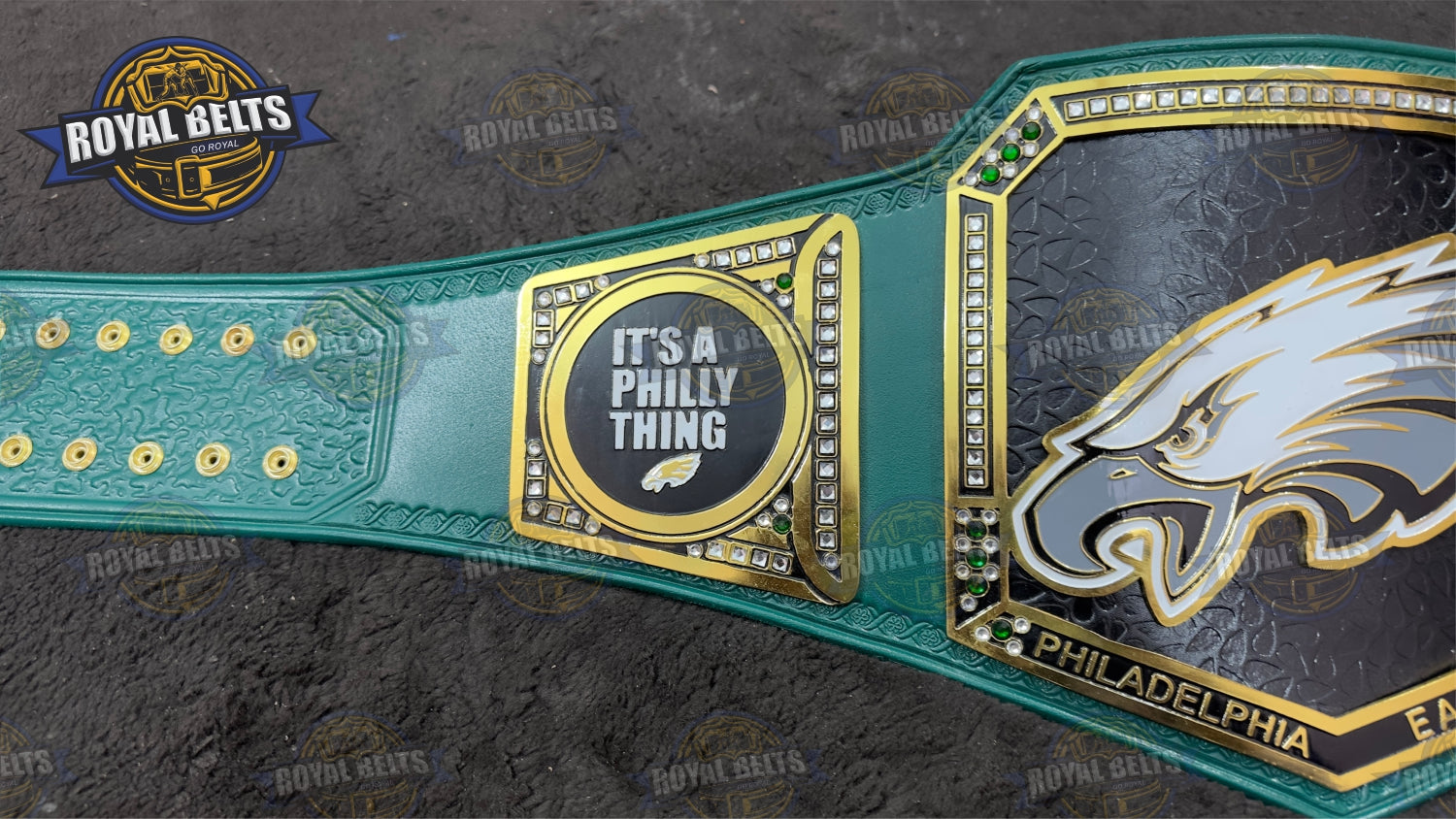Philadelphia Eagles Championship Belt featuring precision etched logo plates, snap closure system