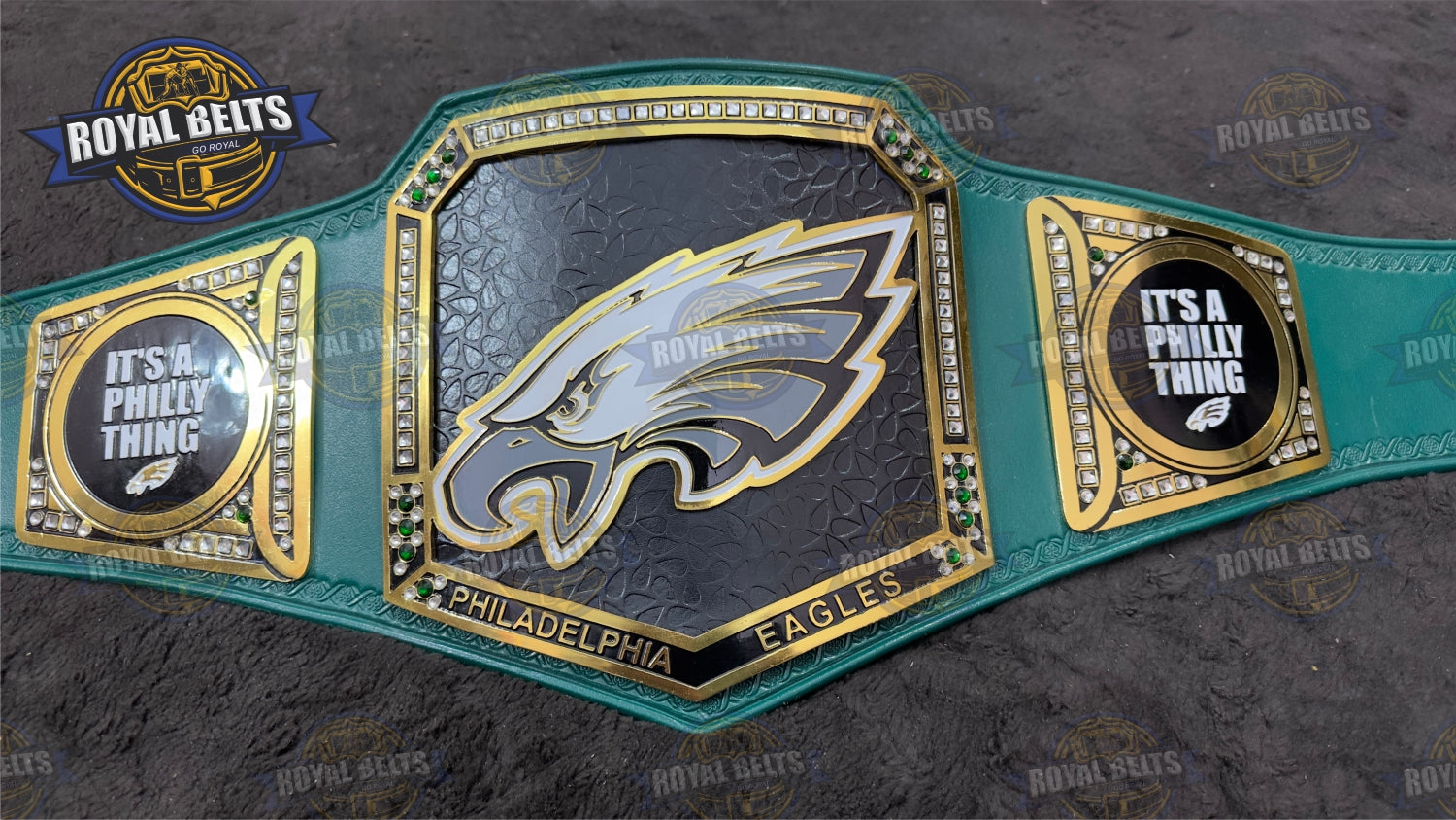 Philadelphia Eagles Super Bowl Title Belt with polished gold tone plates, adjustable fit