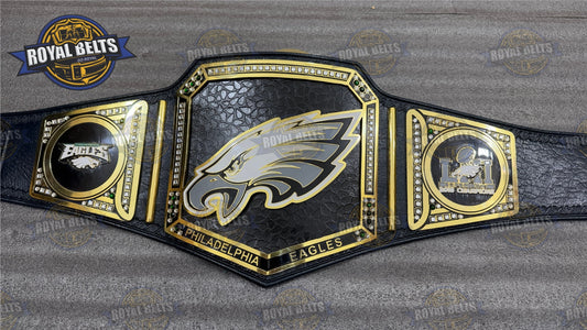Philadelphia Eagles NFL Super Bowl Title Belt with 2mm solid brass plates, adult size, adjustable leather strap Made by Royal Belts