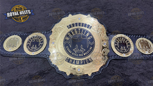 Progress Wrestling Unified World Championship Belt with engraved center plate, black leather strap, snap closure Crafted by Royal Belts