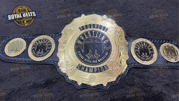 Progress Wrestling Unified World Title Belt featuring detailed metal plates, bold logo engraving, replica design Crafted by Royal Belts