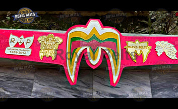 Ultimate Warrior championship belt featuring engraved side plates, polished zinc finish, stitched leather Made by Royal Belts