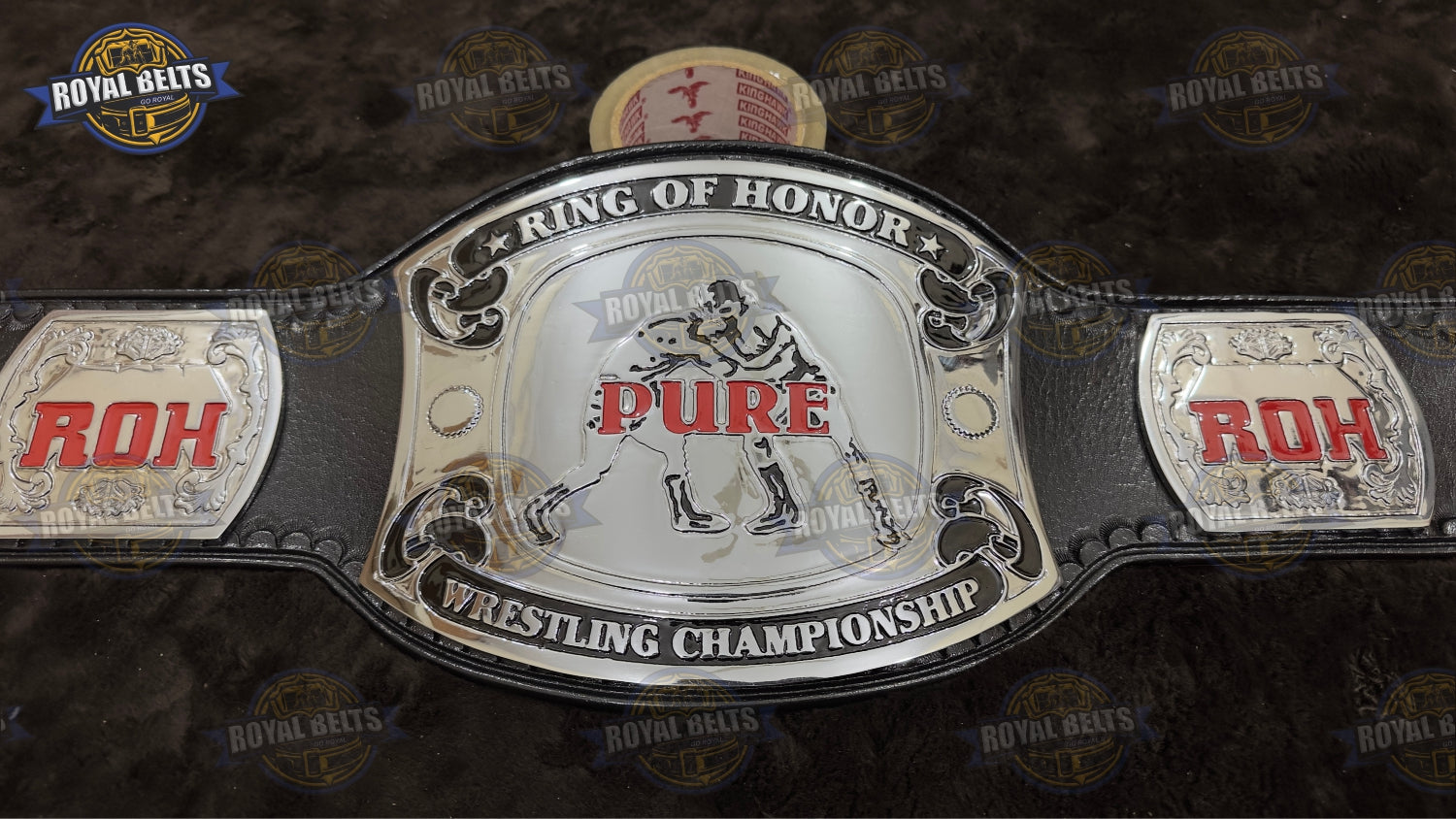ROH Pure Wrestling Championship Title Belt polished chrome center plate with stitched black leather strap Made by Royal Belts